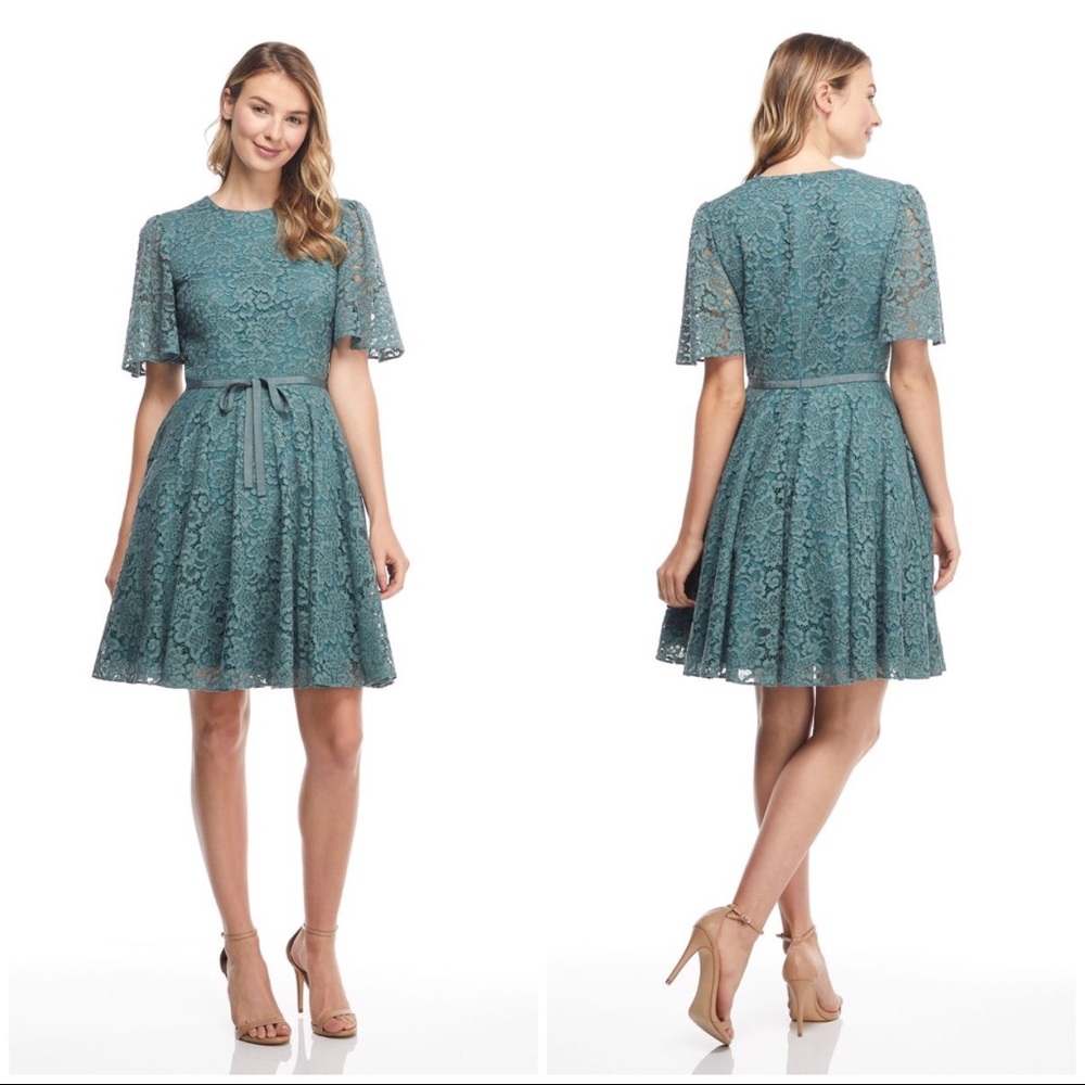 Gal Meets Glam Teal Lace Fit-and-Flare Mini Dress